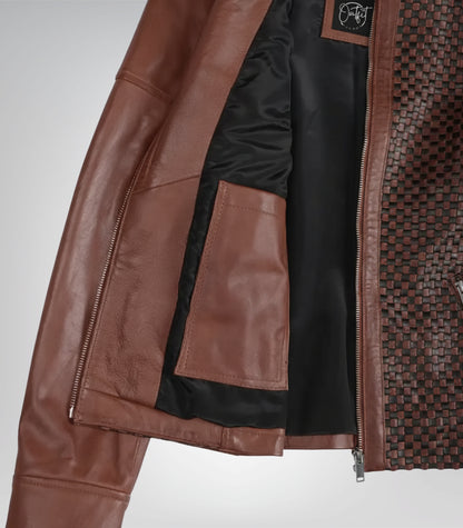 Women’s textured cognac leather moto jacket in genuine leather
