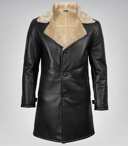 Men’s Black 3/4 Length Genuine Leather Coat with Faux Shearling Lining