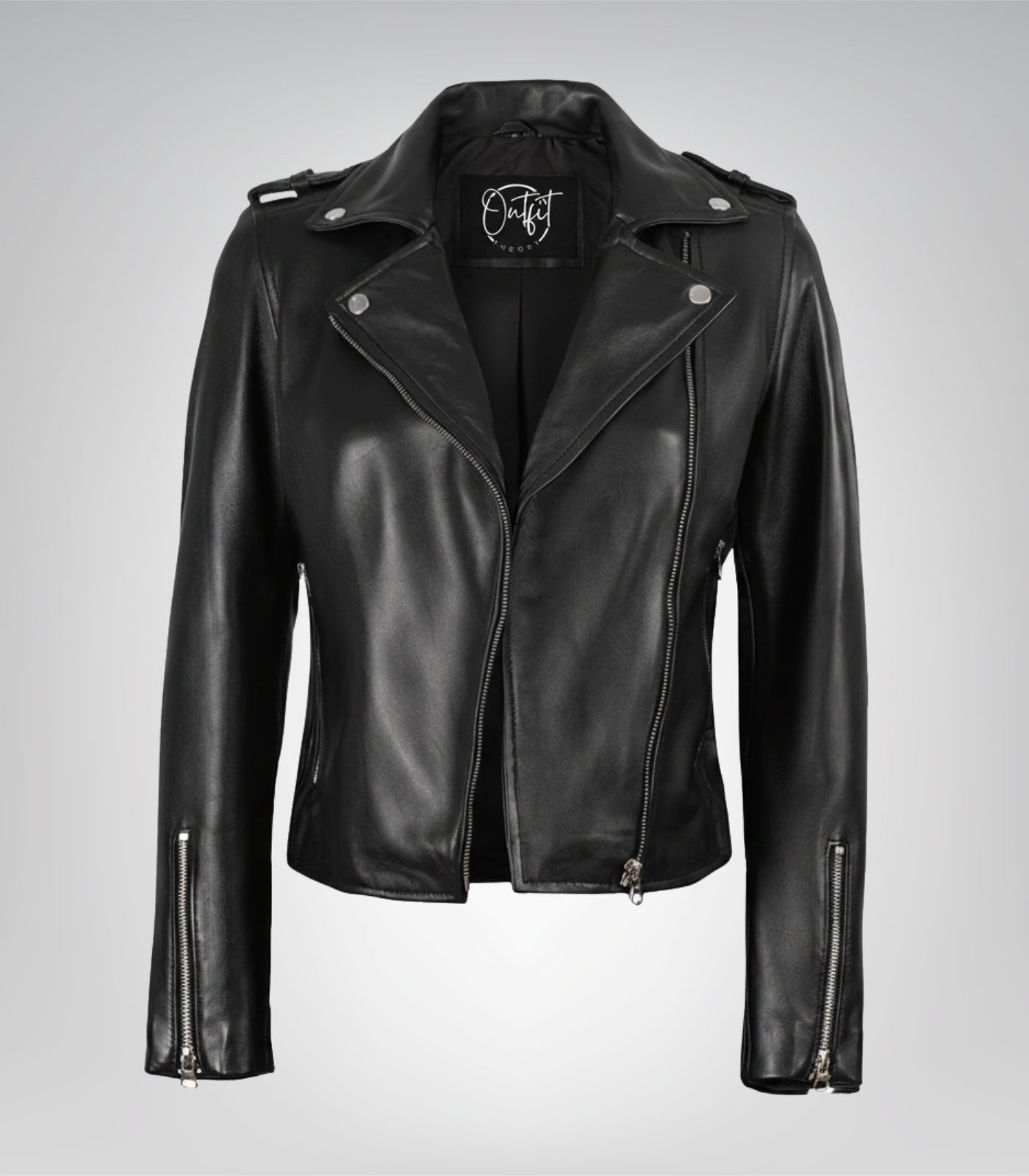 Women’s asymmetrical black leather motorcycle jacket