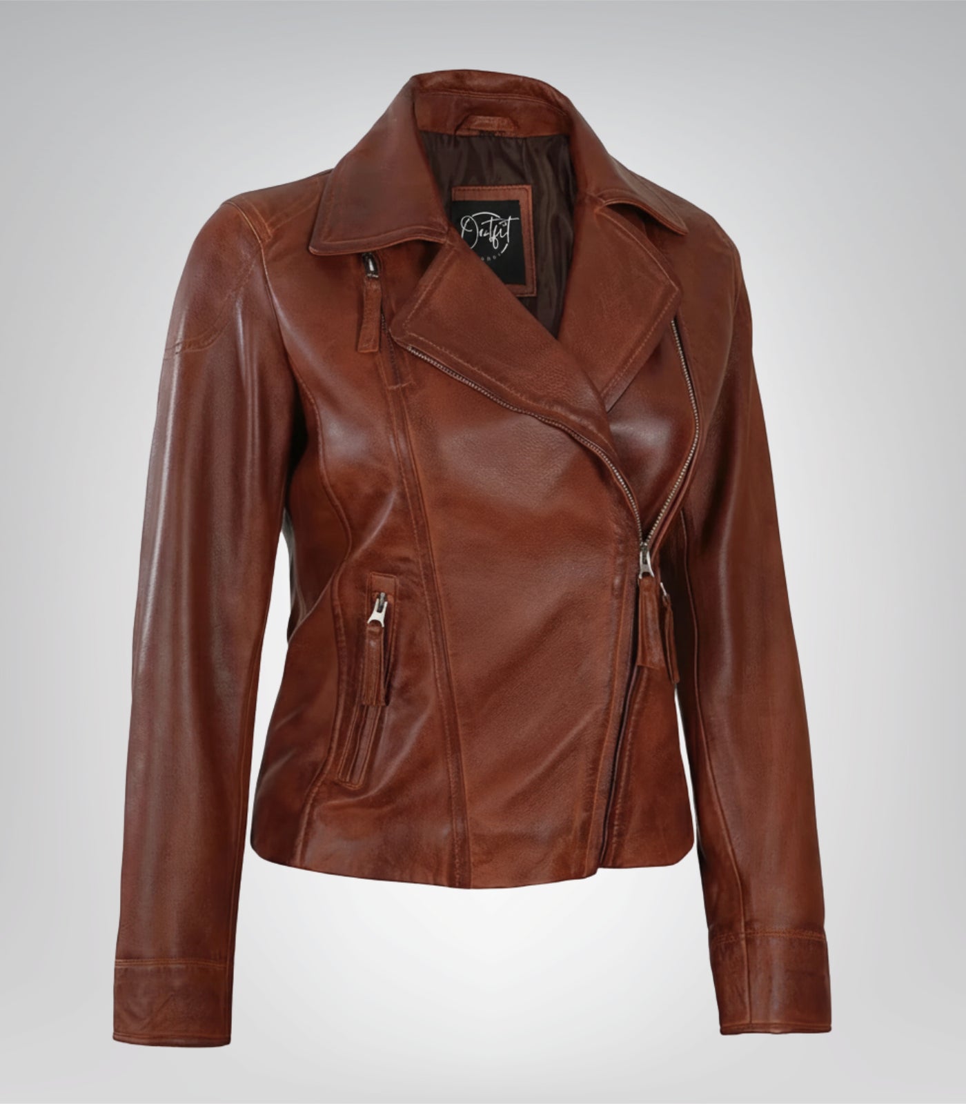 Women’s premium cognac leather moto jacket