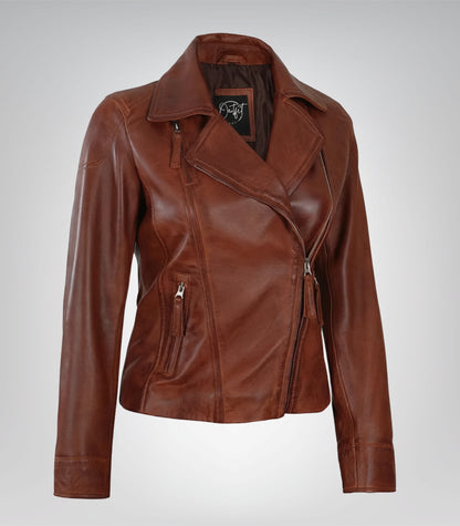 Women’s premium cognac leather moto jacket
