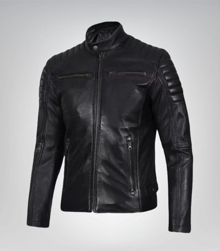 Premium men's black leather biker jacket with zipper detailing