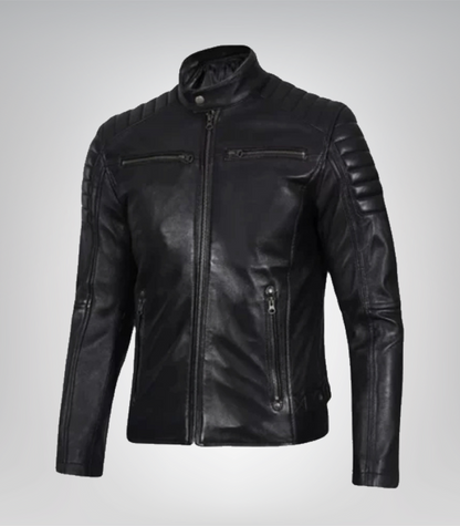 Premium men's black leather biker jacket with zipper detailing