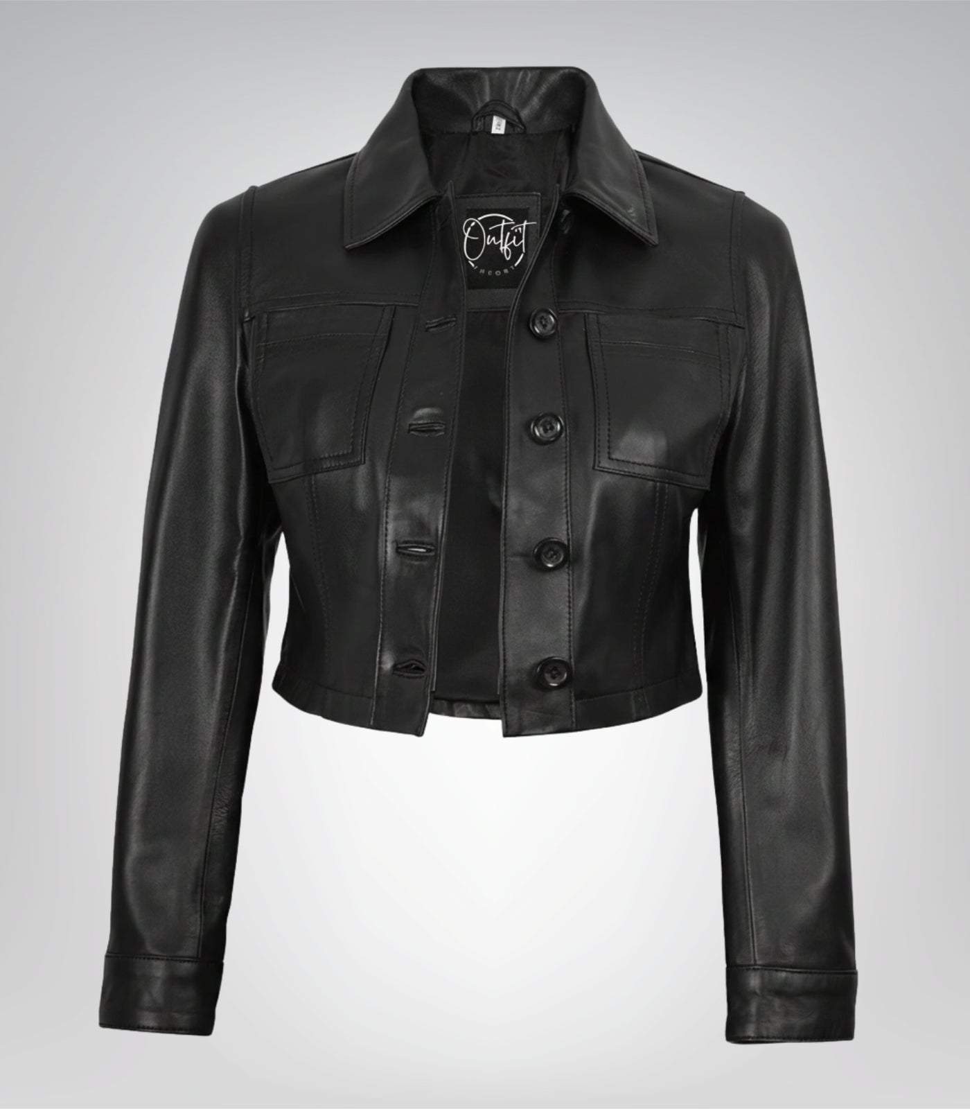 Sleek black leather cropped jacket for women with button fastening