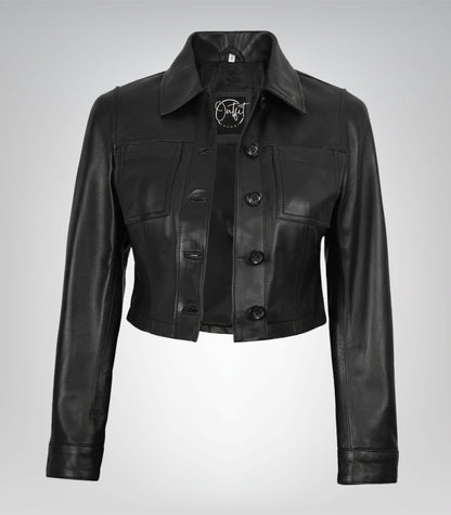Sleek black leather cropped jacket for women with button fastening