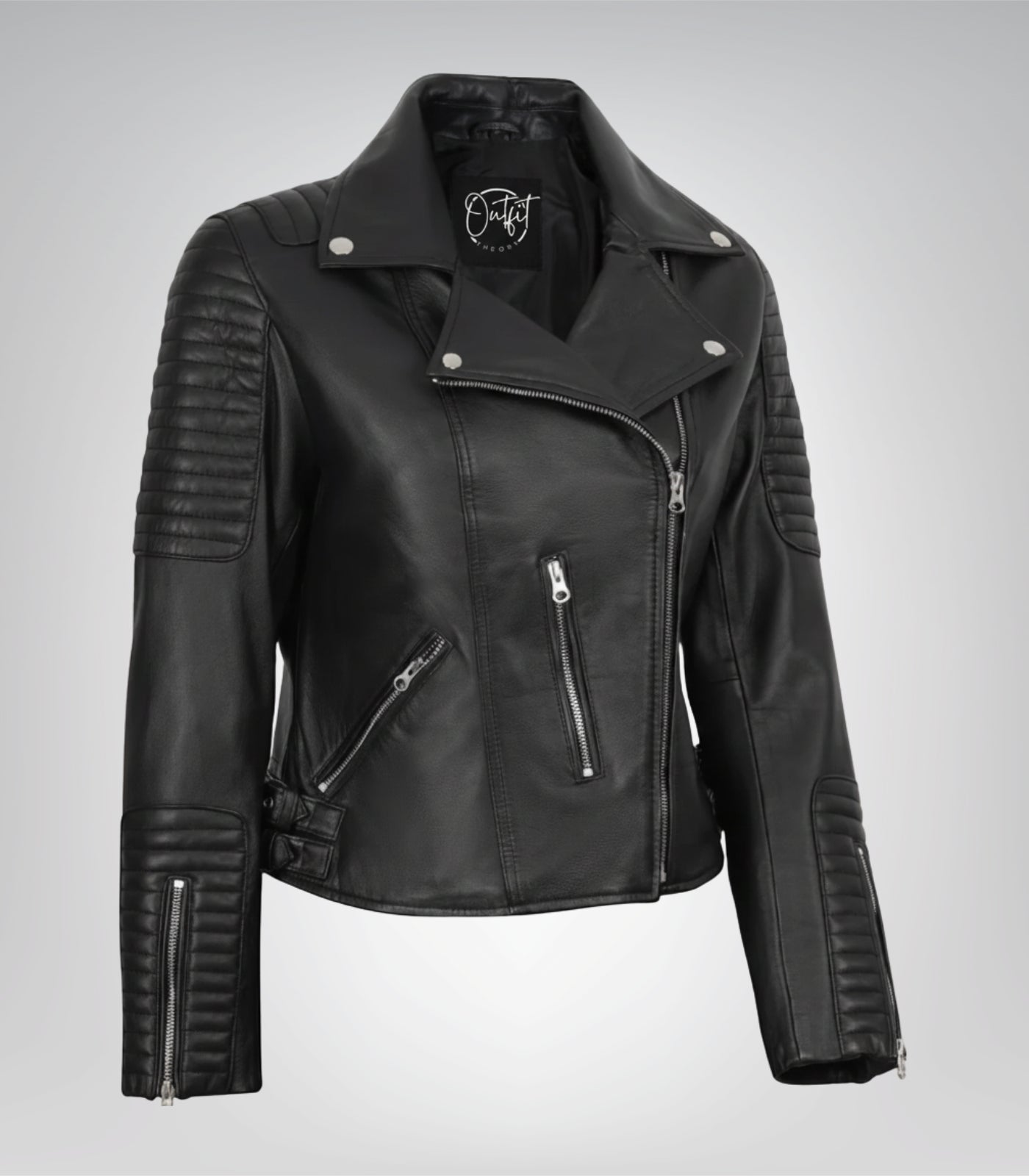 Premium black leather biker jacket for women with real leather finish