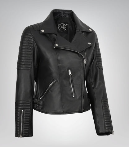 Premium black leather biker jacket for women with real leather finish