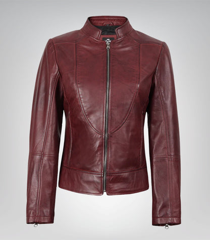 Premium women’s burgundy leather moto jacket in slim fit