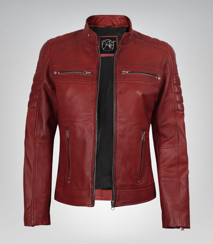 Waxed red women’s real leather motorcycle jacket