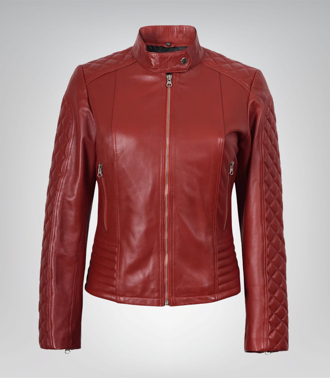 Premium women’s red leather moto jacket with quilted detailing