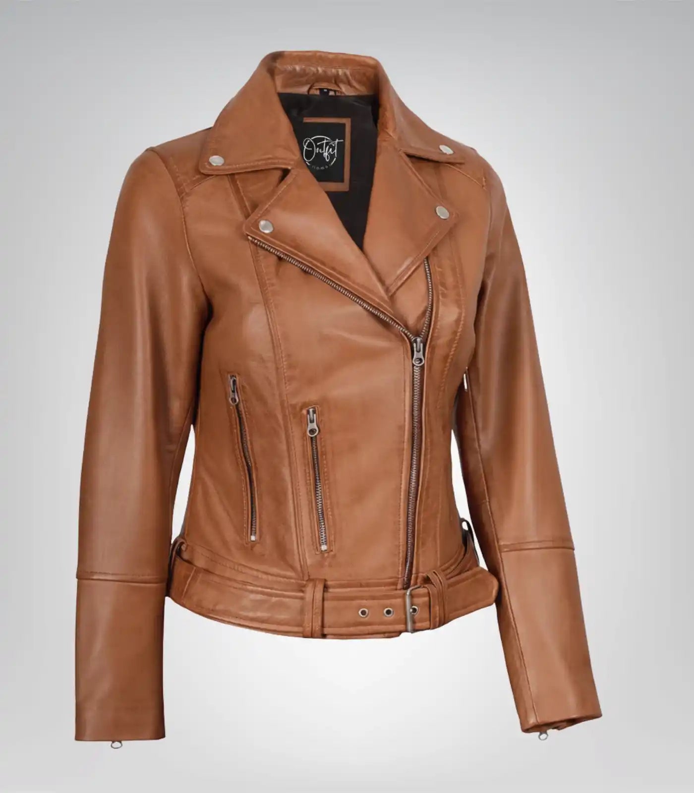 Tan women’s real leather jacket featuring belted waist and asymmetric front