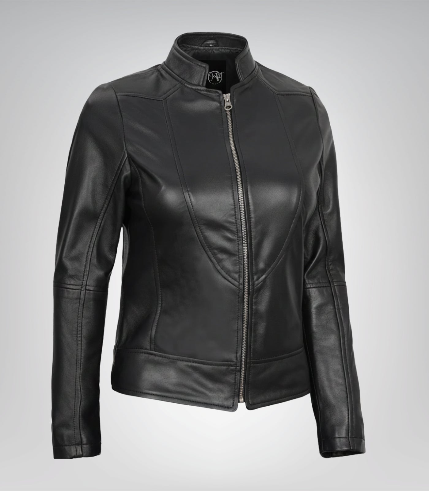 Women’s black bomber leather jacket with detachable hood design
