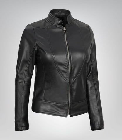 Women’s black bomber leather jacket with detachable hood design