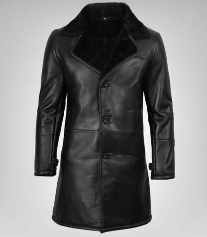 Men’s Black 3/4 Length Genuine Leather Coat with Faux Shearling Lining