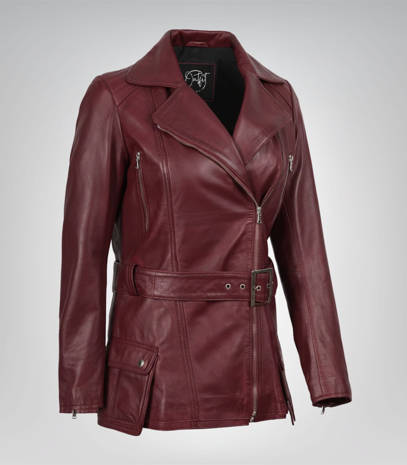 Maroon asymmetrical leather moto jacket for women