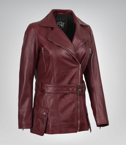 Maroon asymmetrical leather moto jacket for women