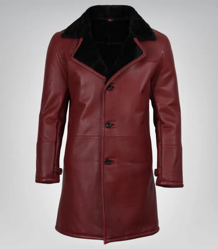 Men’s Maroon 3/4 Length Leather Coat with Black Faux Shearling Lining