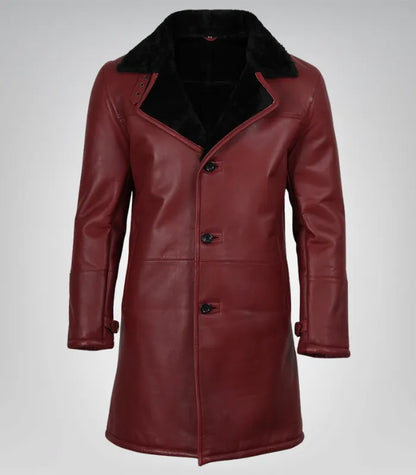 Men’s Maroon 3/4 Length Leather Coat with Black Faux Shearling Lining