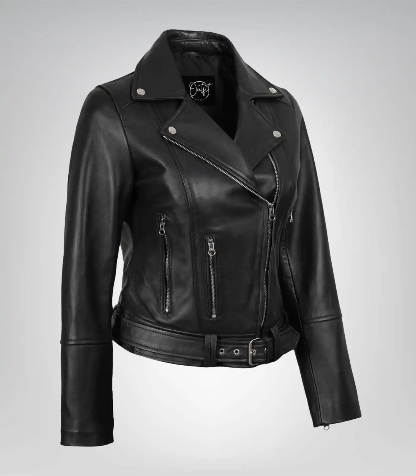 Black women’s real leather jacket with asymmetrical front design