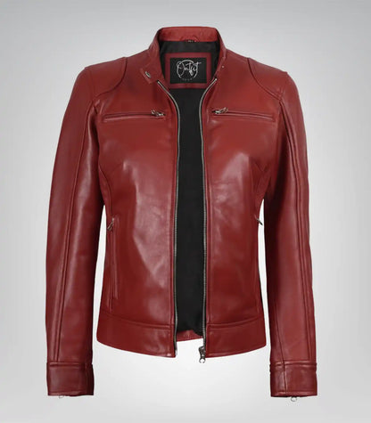 Women’s Luxe Red Real Leather Biker Jacket