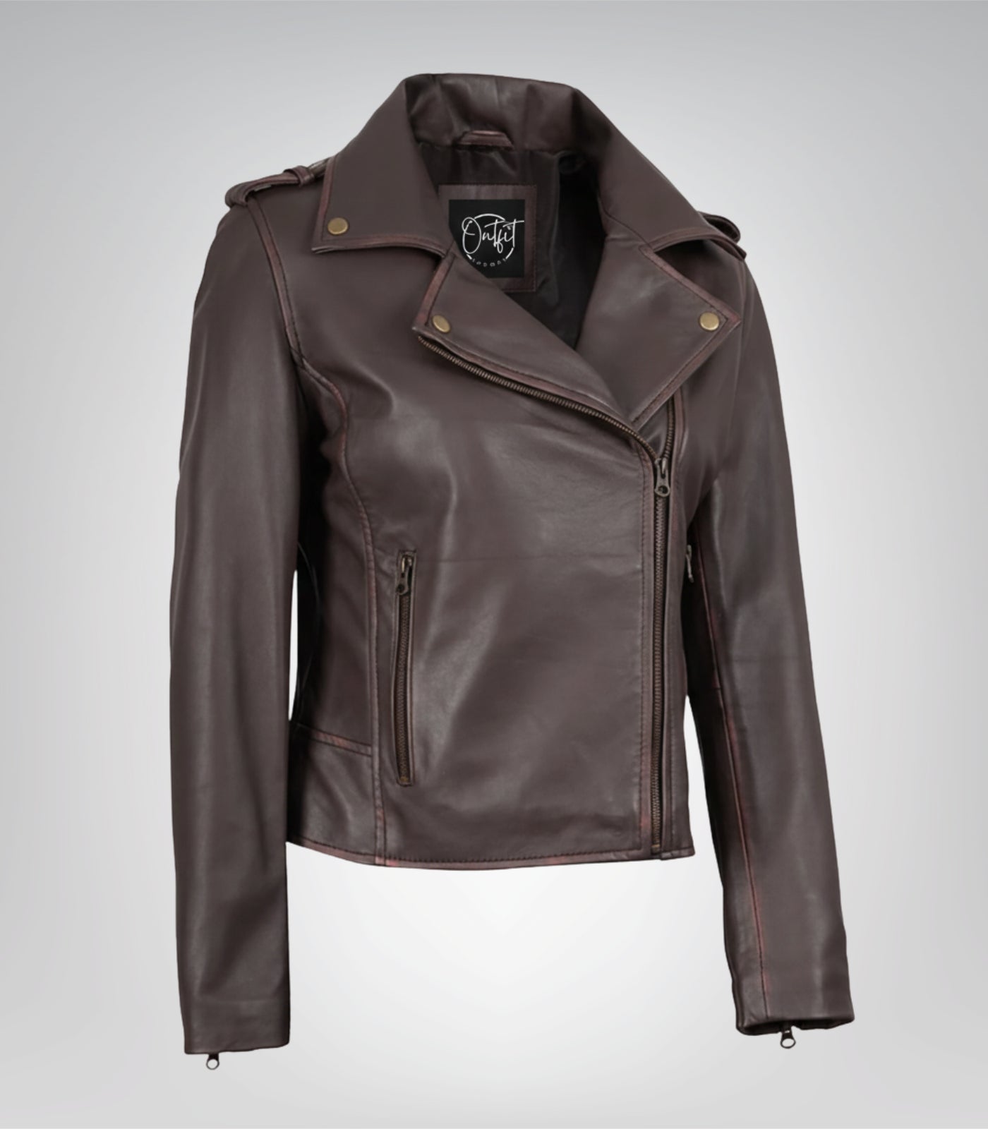 Asymmetrical zip dark brown leather biker jacket for women