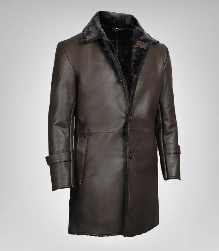 Men’s genuine leather winter coat – dark brown 3/4 design with faux shearling lining
