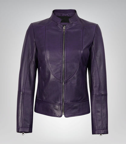 Women’s premium purple leather biker jacket featuring contemporary design