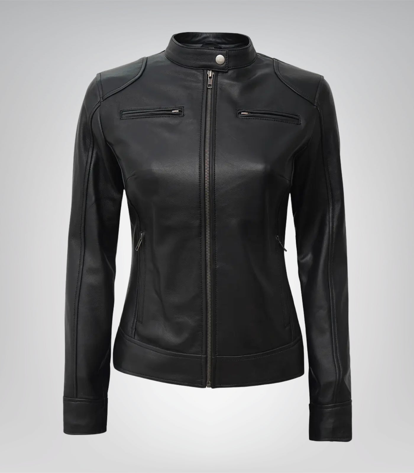 Black slim-fit leather moto jacket for women