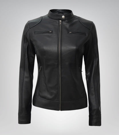 Black slim-fit leather moto jacket for women