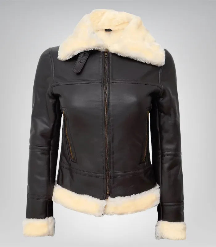Women’s genuine lambskin shearling bomber jacket – dark brown B3 design
