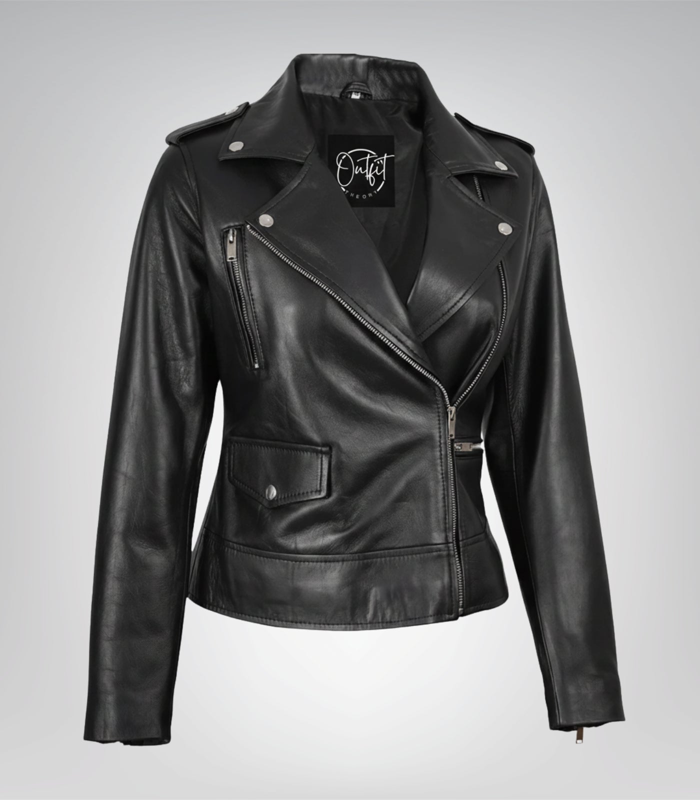 Women’s black real leather biker jacket with angled zipper