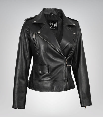 Women’s black real leather biker jacket with angled zipper