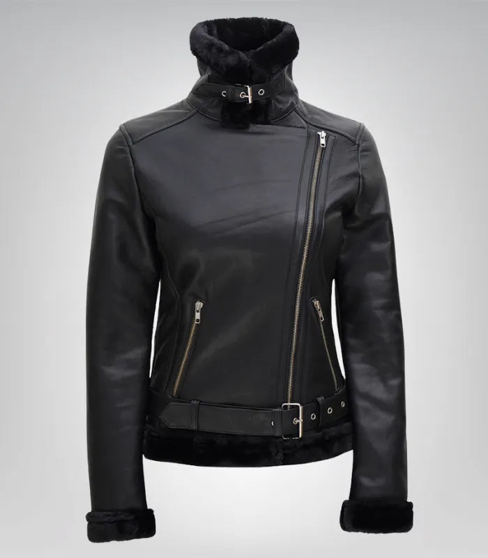Women’s Black Shearling Leather Biker Jacket – Genuine Lambskin Winter Style