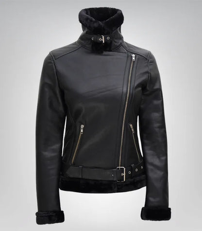 Women’s Black Shearling Leather Biker Jacket – Genuine Lambskin Winter Style