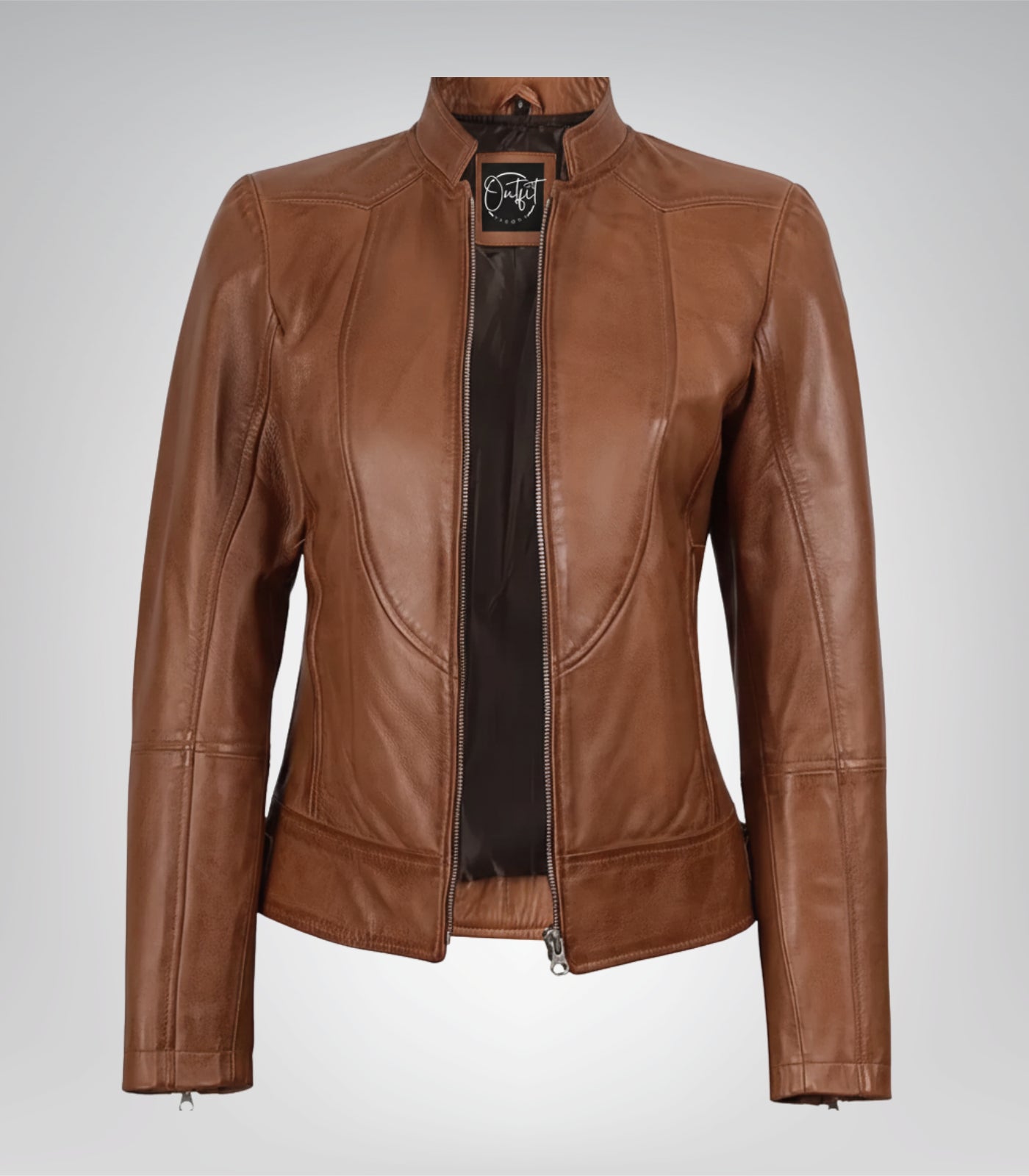 Slim-fit tan leather biker jacket for women