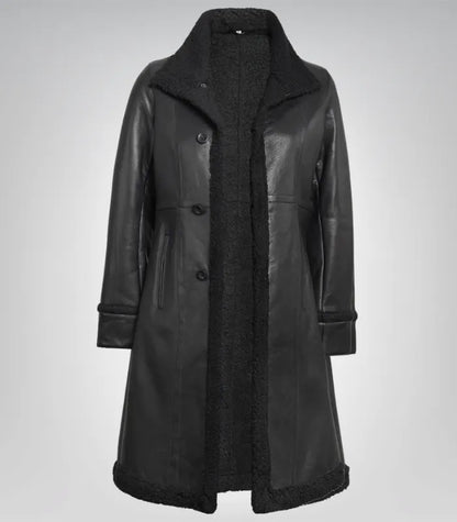 Elegant Women’s Black Leather Coat – 3/4 Length with Faux Shearling Interior