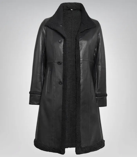 Elegant Women’s Black Leather Coat – 3/4 Length with Faux Shearling Interior