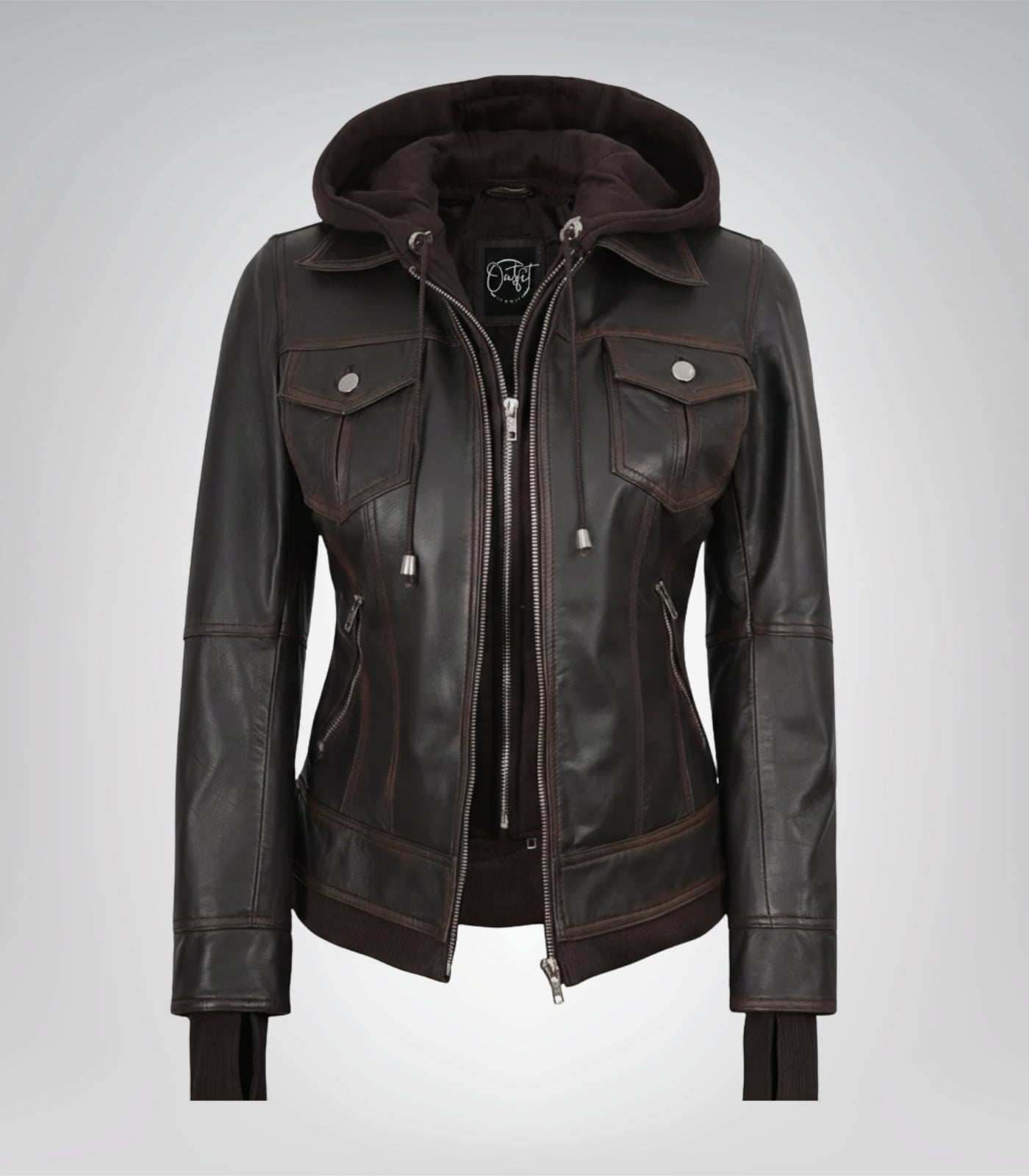 Women’s premium brown leather bomber jacket featuring detachable hood