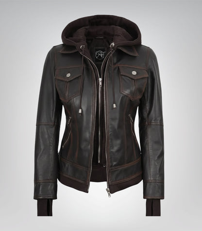 Women’s premium brown leather bomber jacket featuring detachable hood