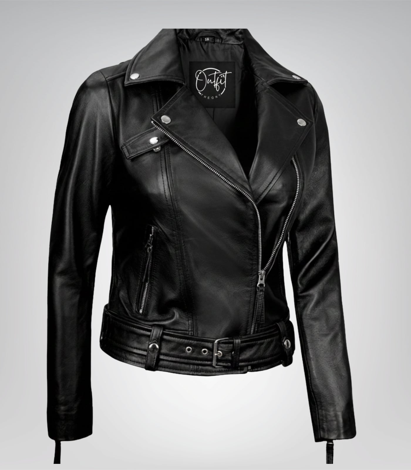 Asymmetrical moto-style black leather jacket for women