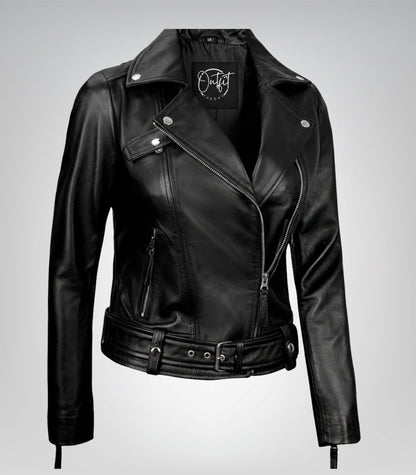 Asymmetrical moto-style black leather jacket for women