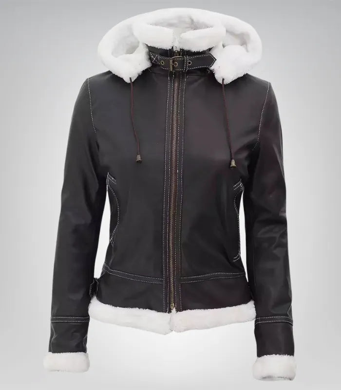 Women’s Mary B3 Dark Brown Shearling Leather Jacket with Removable Hood