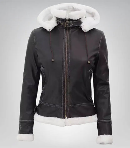 Women’s Mary B3 Dark Brown Shearling Leather Jacket with Removable Hood