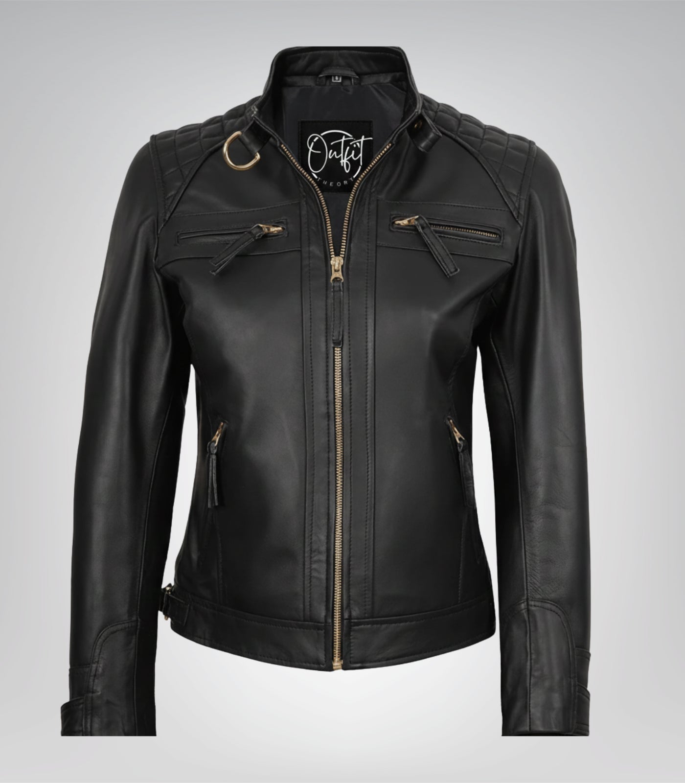 Women’s premium black leather moto-style jacket with gold accents