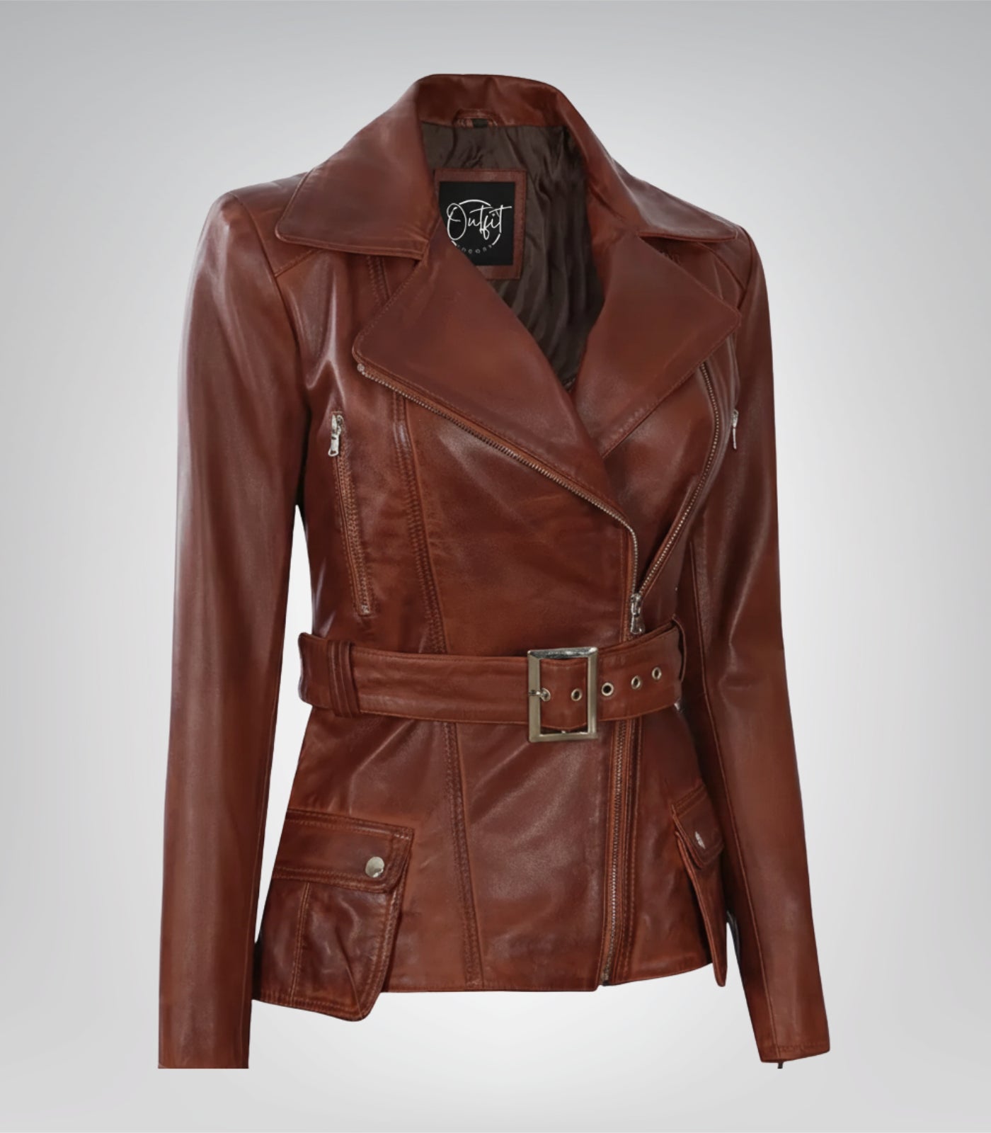 Women’s premium cognac waxed leather biker jacket featuring belted waist