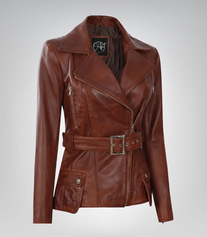 Women’s premium cognac waxed leather biker jacket featuring belted waist