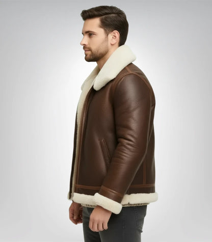 Classic brown sheepskin leather jacket with shearling lining