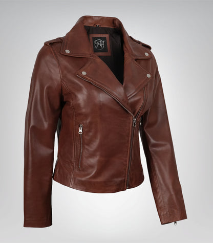 Women’s Distressed Moto-Style Leather Jacket in Cognac