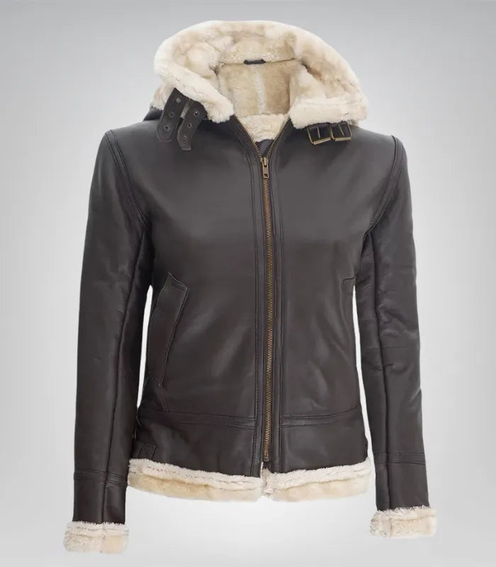 Classic Women’s Dark Brown Hooded Leather Jacket – Real Shearling Style