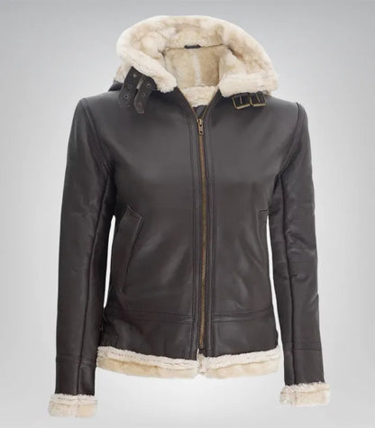 Classic Women’s Dark Brown Hooded Leather Jacket – Real Shearling Style